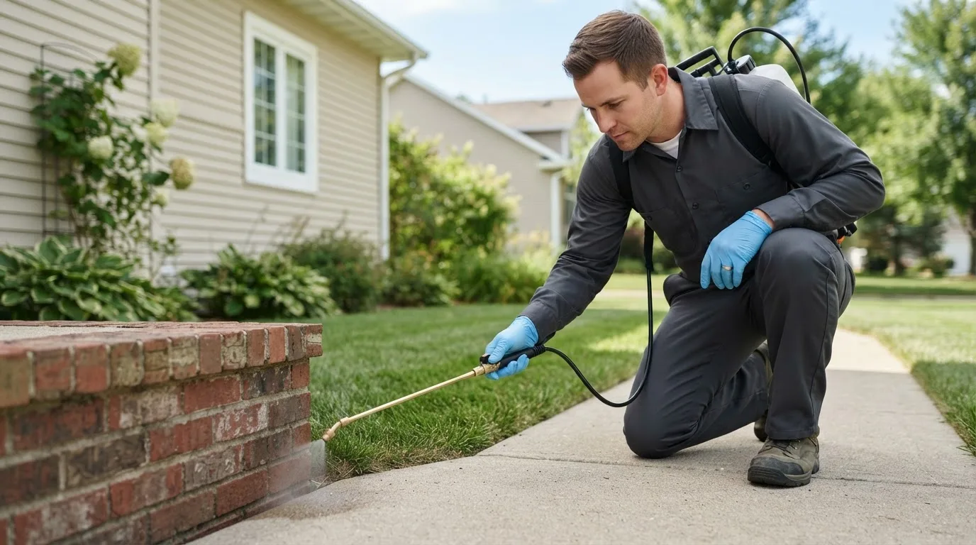 Pest control technician treating a home near Stowell, TX