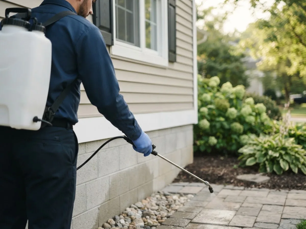Pest control technician inspecting a home in Stowell, TX